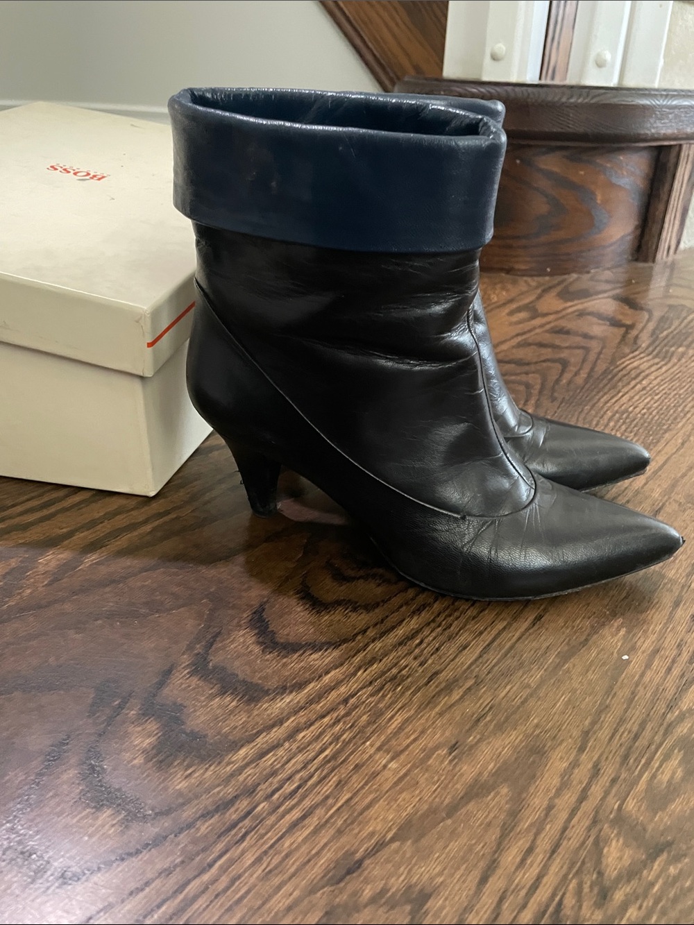 Women's BOSS Black Leather Pointed-Toe Fold-Top Ankle Boots